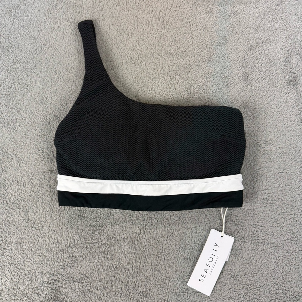 NWT Seafolly SliceOfSplice Black One-Shoulder Bandeau Top with White Trim